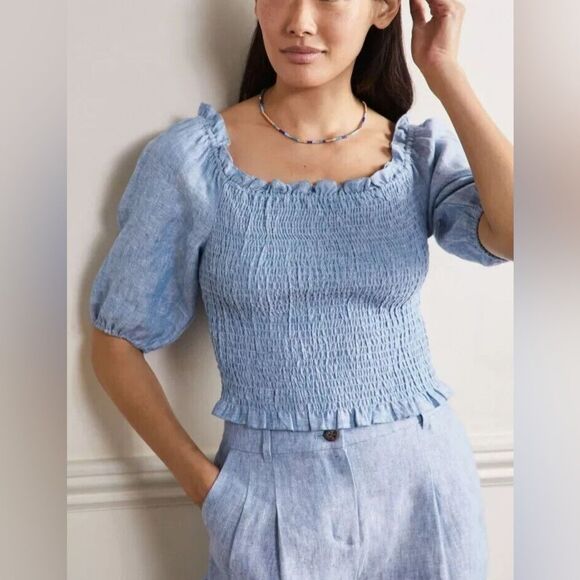 Boden NWT Carrie Smocked Linen Top Medium Blue Size 14 - Picture 1 of 6